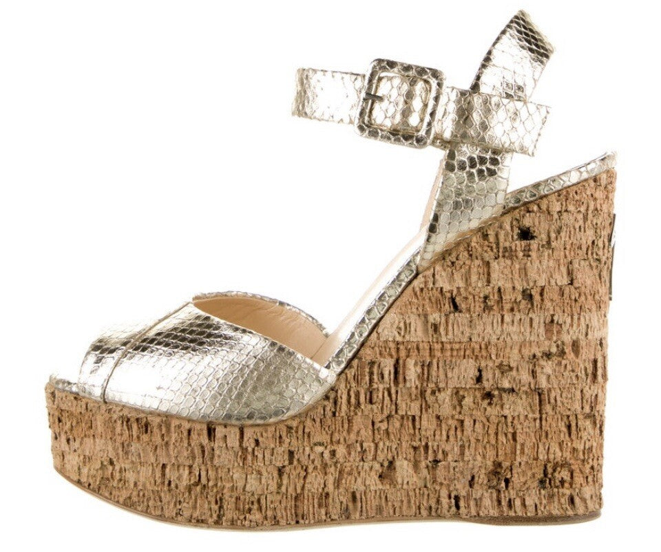 GIUSEPPE ZANOTTI METALLIC GOLD EMBOSSED SNAKESKIN CORK WEDGES SZ 8.5 38.5