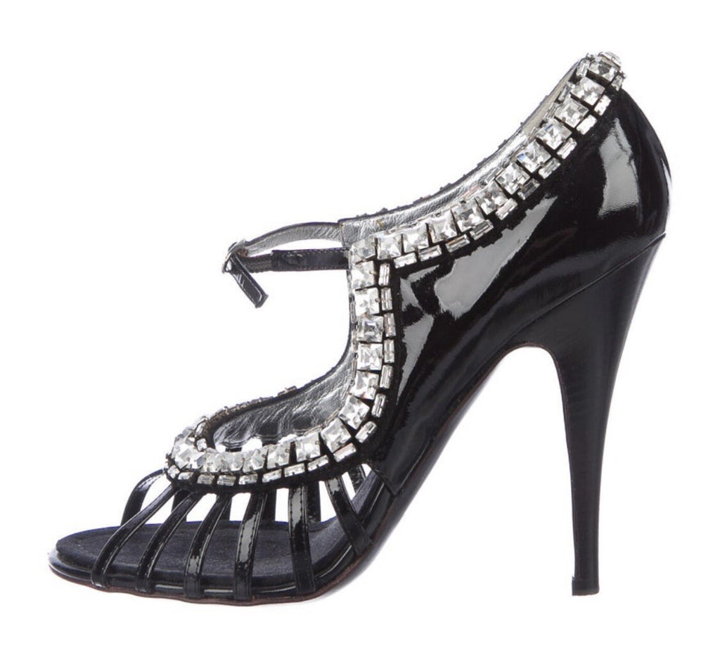 $1600 GIUSEPPE ZANOTTI CRYSTAL HEELS BLACK PATENT LEATHER SZ 9.5 39.5