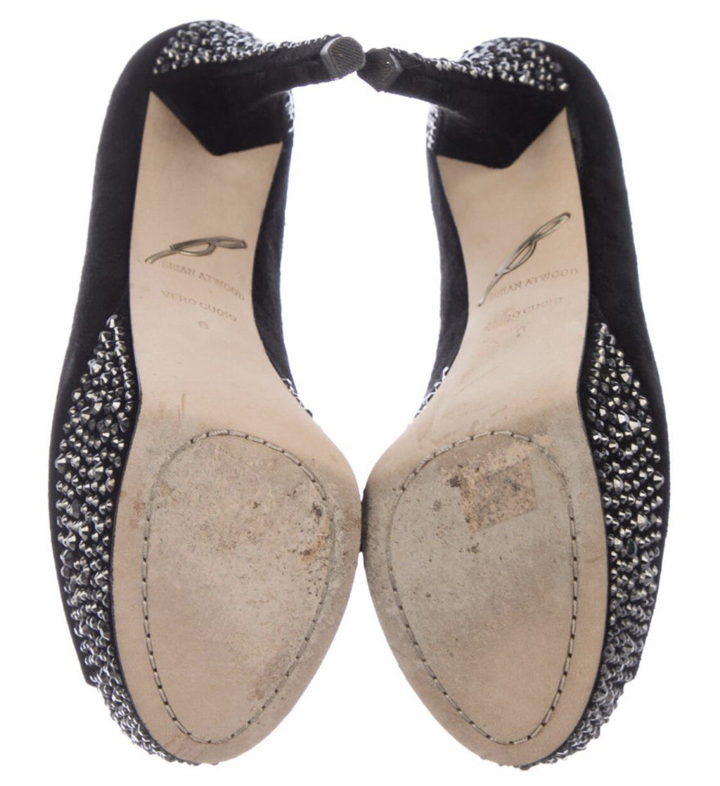 BRIAN ATWOOD BLACK SUEDE SWAROVSKI CRYSTAL EMBELLISHED PEEP TOE HEELS SZ 6 36