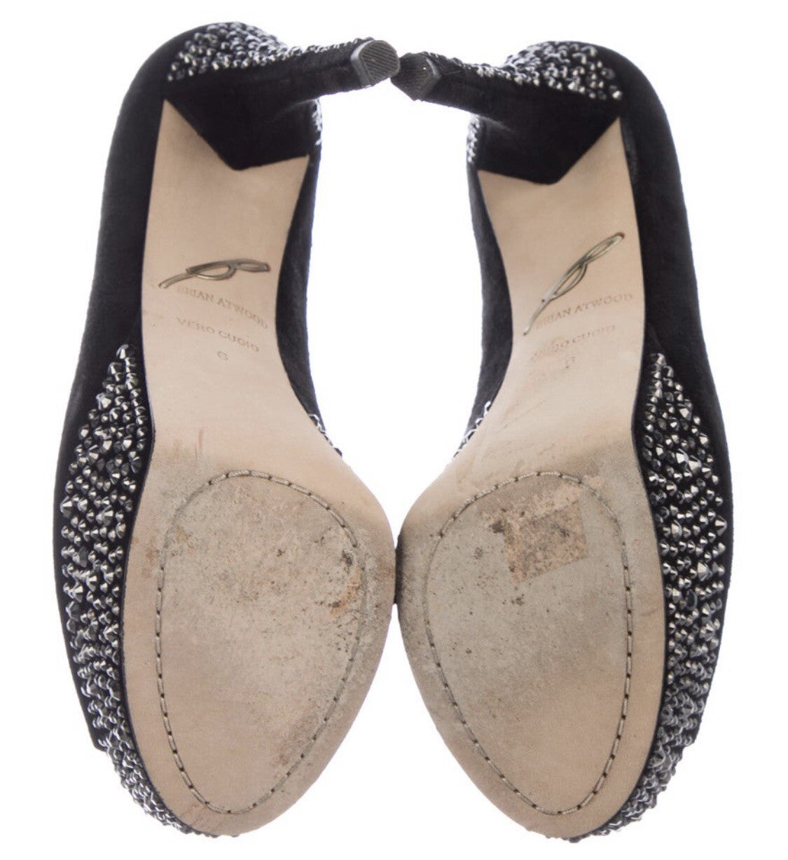 BRIAN ATWOOD BLACK SUEDE SWAROVSKI CRYSTAL EMBELLISHED PEEP TOE HEELS SZ 6 36