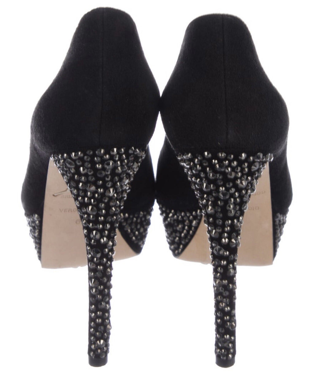 BRIAN ATWOOD BLACK SUEDE SWAROVSKI CRYSTAL EMBELLISHED PEEP TOE HEELS SZ 6 36