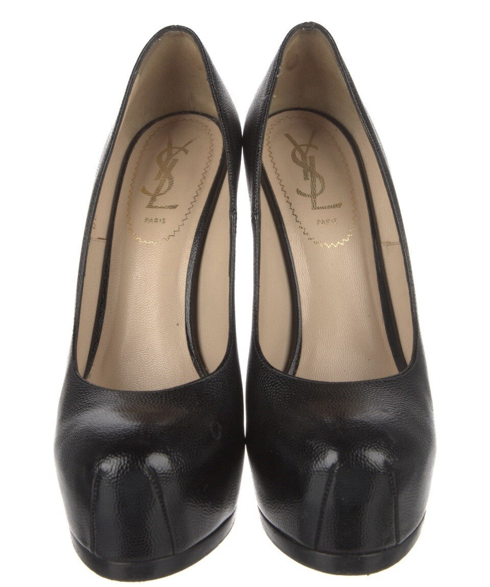 $895 YVES SAINT LAURENT RIVE GAUCHE BLACK LEATHER PLATFORM HEELS SZ 7 37