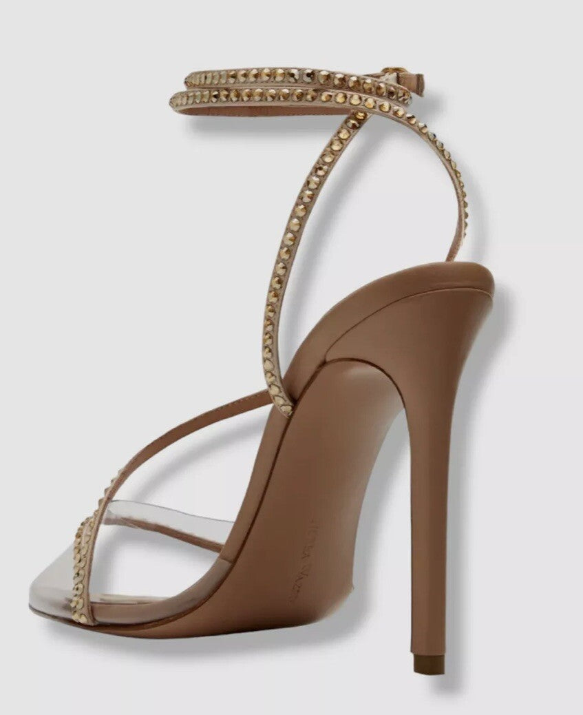 $695 NIB  NUDE LEATHER CRYSTAL ACCENTED ANKLE WRAP HEELS BY ANDREA WAZEN SZ 6 36