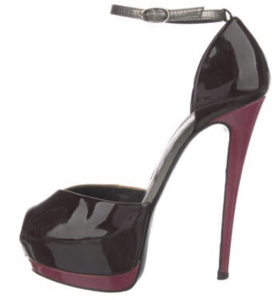 $995 GIUSEPPE ZANOTTI BURGUNDY PATENT LEATHER PEEP TOE HEELS SZ 6.5 36.5