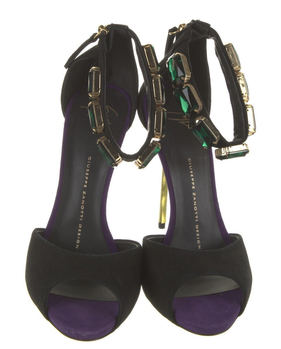 GIUSEPPE ZANOTTI BLACK SUEDE CRYSTAL EMBELLISHED SANDALS SZ 7 37