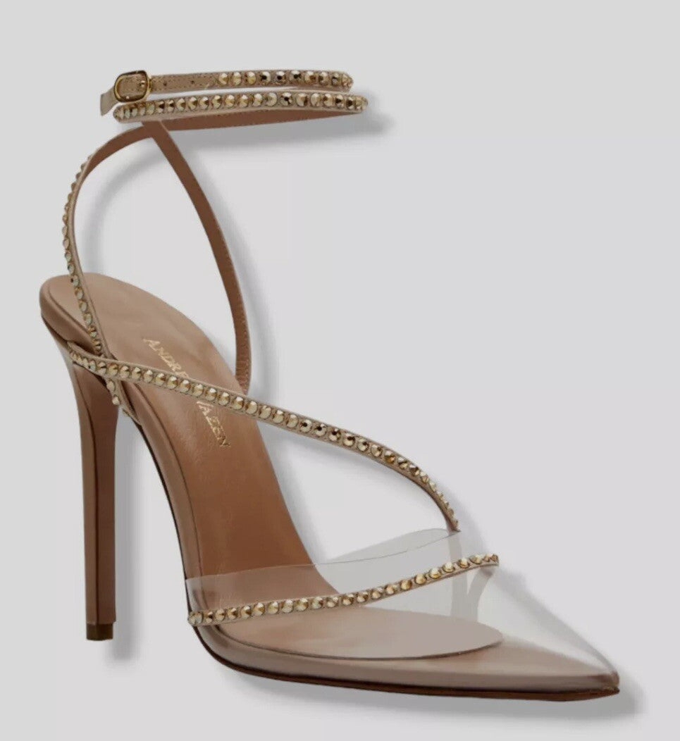 $695 NIB  NUDE LEATHER CRYSTAL ACCENTED ANKLE WRAP HEELS BY ANDREA WAZEN SZ 6 36