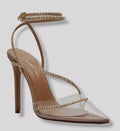 $695 NIB  NUDE LEATHER CRYSTAL ACCENTED ANKLE WRAP HEELS BY ANDREA WAZEN SZ 6 36