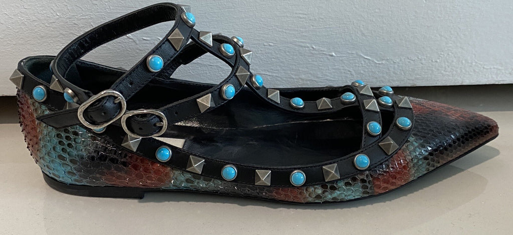 VALENTINO PYTHON SNAKESKIN & TURQUOISE ROCKSTUD BULLET FLATS SZ 6 36