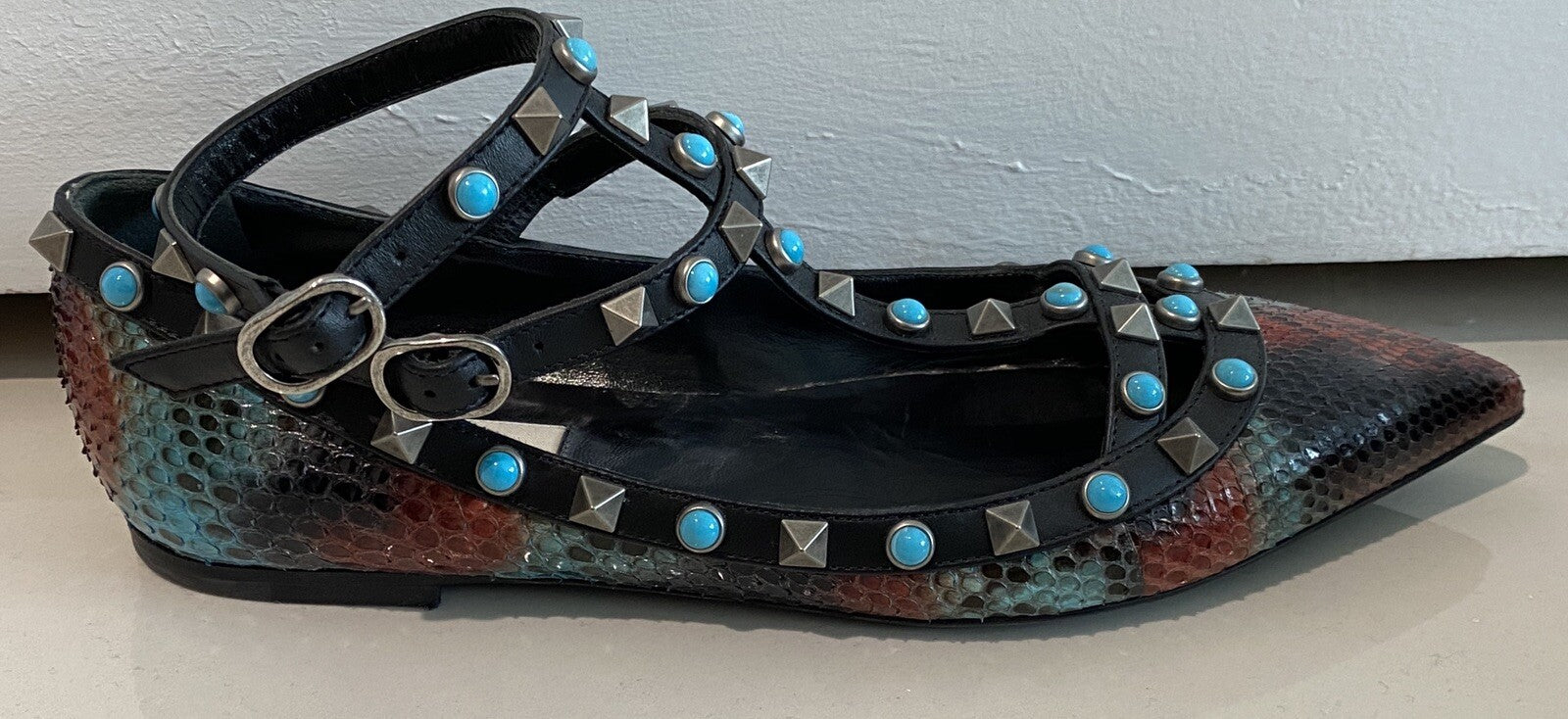 VALENTINO PYTHON SNAKESKIN & TURQUOISE ROCKSTUD BULLET FLATS SZ 6 36