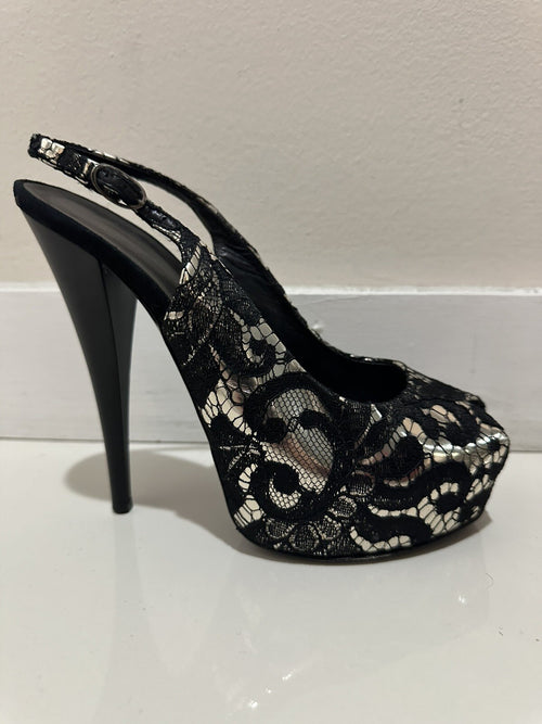 $1295 GIUSEPPE ZANOTTI GOLD & BLACK LACE SLINGBACK HEELS S 38 8 US
