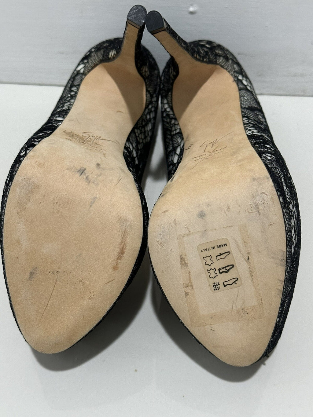 $1150 GIUSEPPE ZANOTTI BLACK LACE PEEP TOE PLATFORM HEELS SZ 7 37
