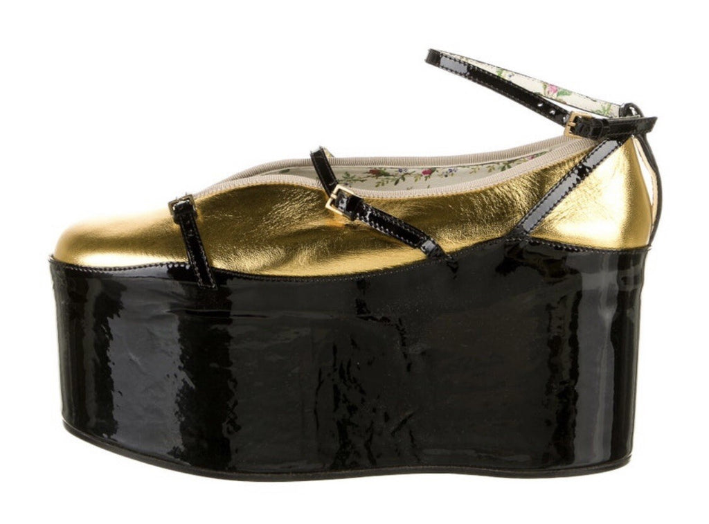 $1410 NIB GUCCI METALLIC GOLD LEATHER 2 IN 1 PLATFORM HEEL SANDALS  SZ 6.5 36.5