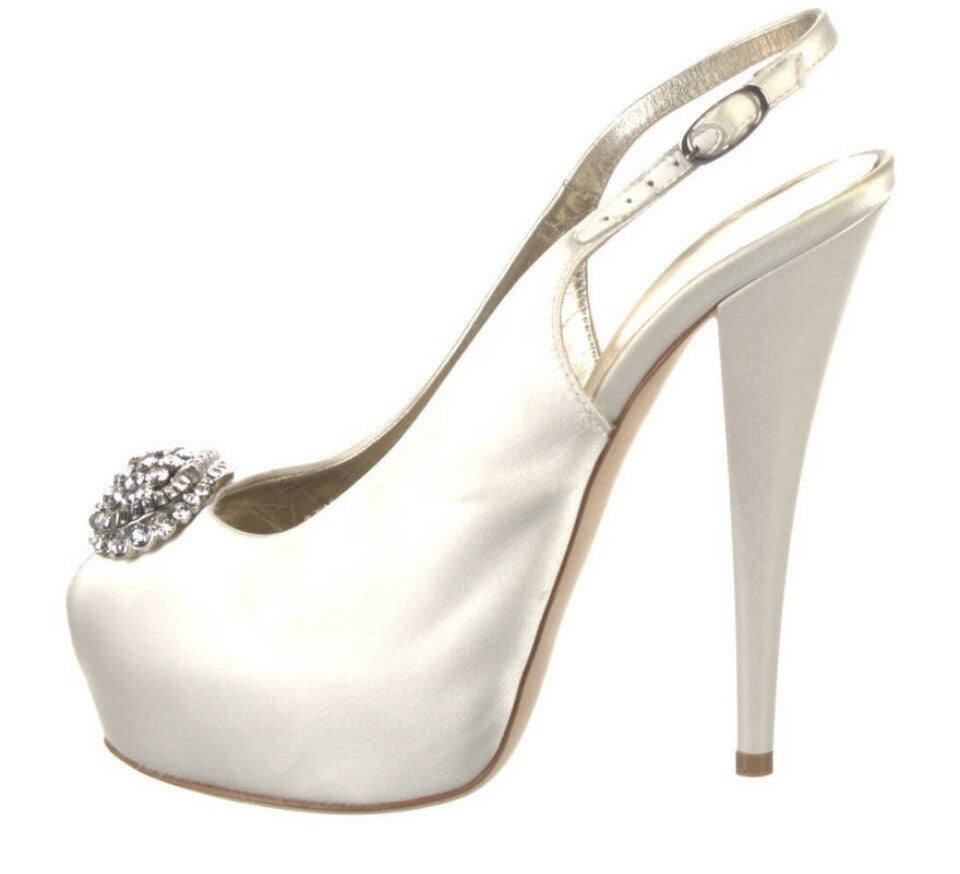 GIUSEPPE ZANOTTI OFF WHITE SILK CRUSTAL EMBELLISHED PEEP TOE HEELS SZ 6 36