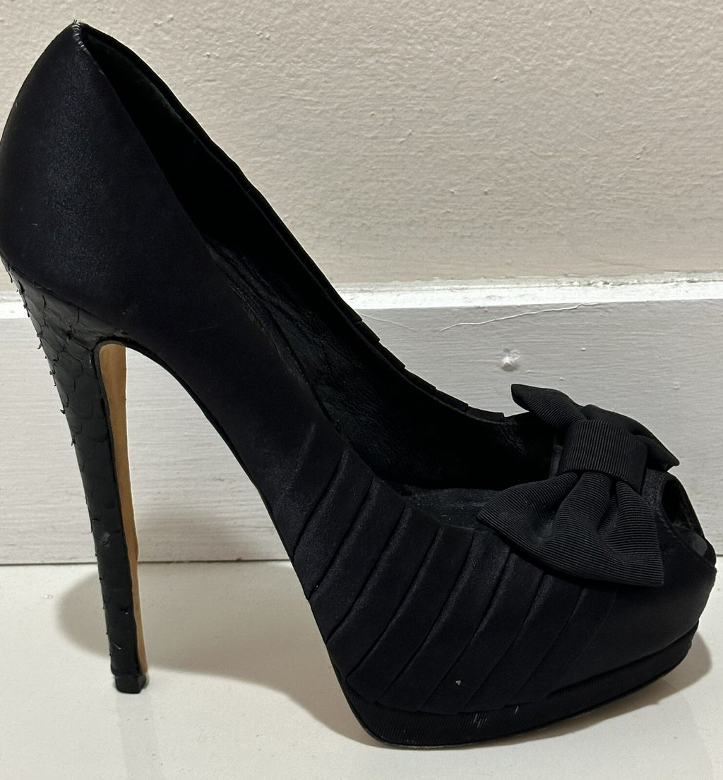 GIUSEPPE ZANOTTI BLACK SATIN & SNAKESKIN PLATFORM PEEP TOE HEELS SZ 7  37