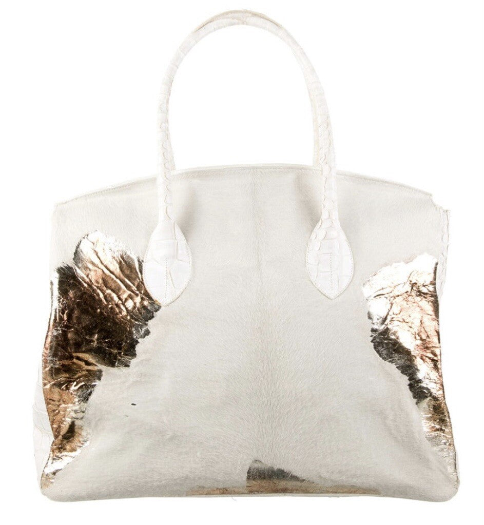 RETTA WOLFF WHITE PONYHAIR CROCODILE TRIMMED HANDLE BAG