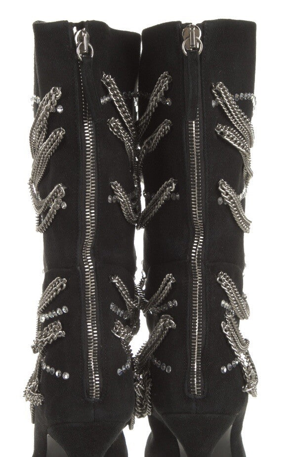 $2450 GIUSEPPE ZANOTTI BOOTS BLACK SUEDE CRYSTAL & CHAIN EMBELLISHED SZ 9 39