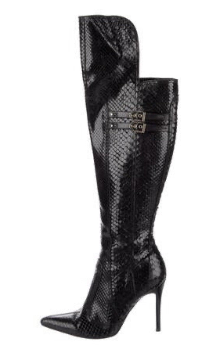 $4800 NEW VERSACE BLACK PYTHON SNAKESKIN KNEE HIGH BOOTS SZ 8.5 38.5