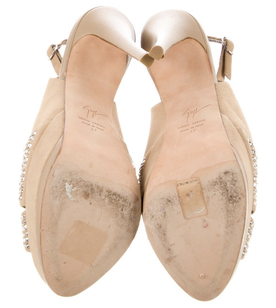 ❤️SALE❤️GIUSEPPE ZANOTTI NUDE SUEDE CRYSTAL EMBELLISHED  PLATFORM SANDALS 7 37
