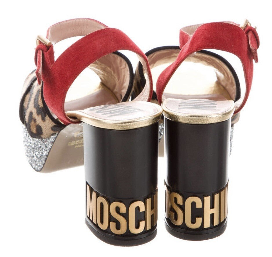 $850 MOSCHINO LEOPARD PRINT PONYHAIR GLITTER LOGO SANDALS SZ 6 36