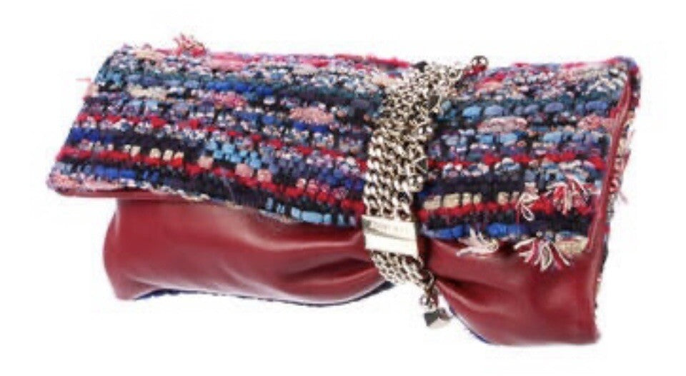 JIMMY CHOO CLUTCH RED LEATHER & TWEED CHANDRA