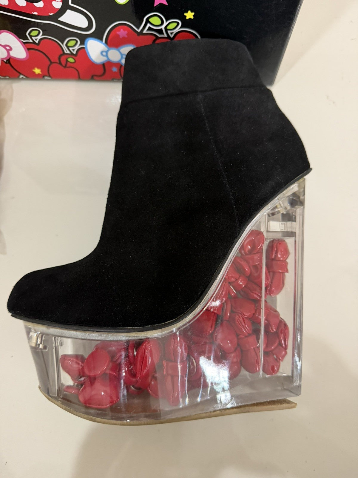 Jeffrey Campbell Hello Kitty Black Leather Bow Wedge Bootie Size 7