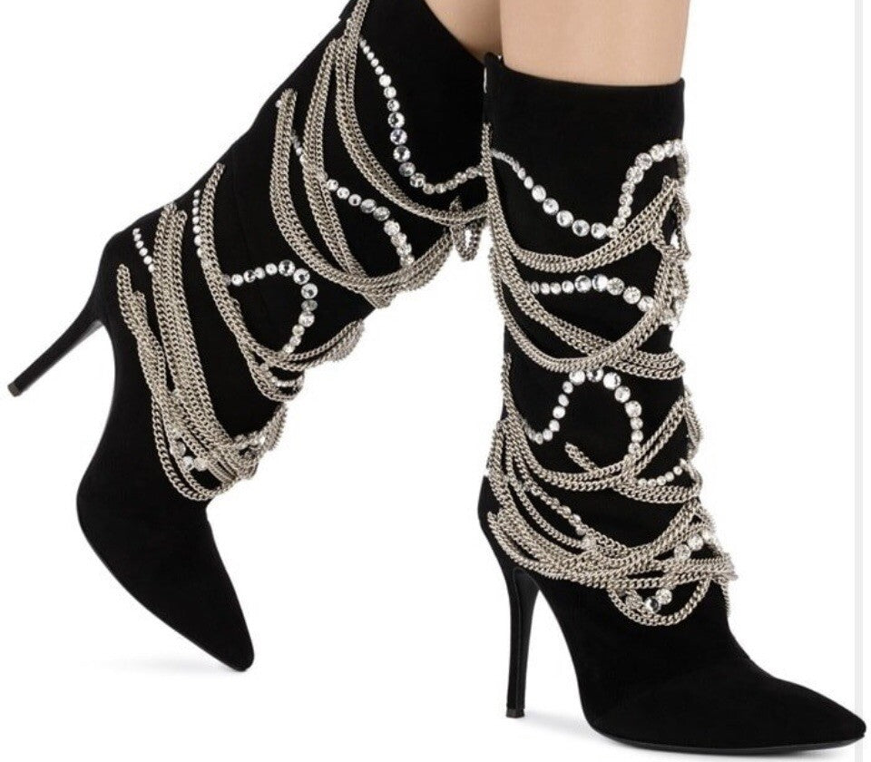 $2450 GIUSEPPE ZANOTTI BOOTS BLACK SUEDE CRYSTAL & CHAIN EMBELLISHED SZ 9 39