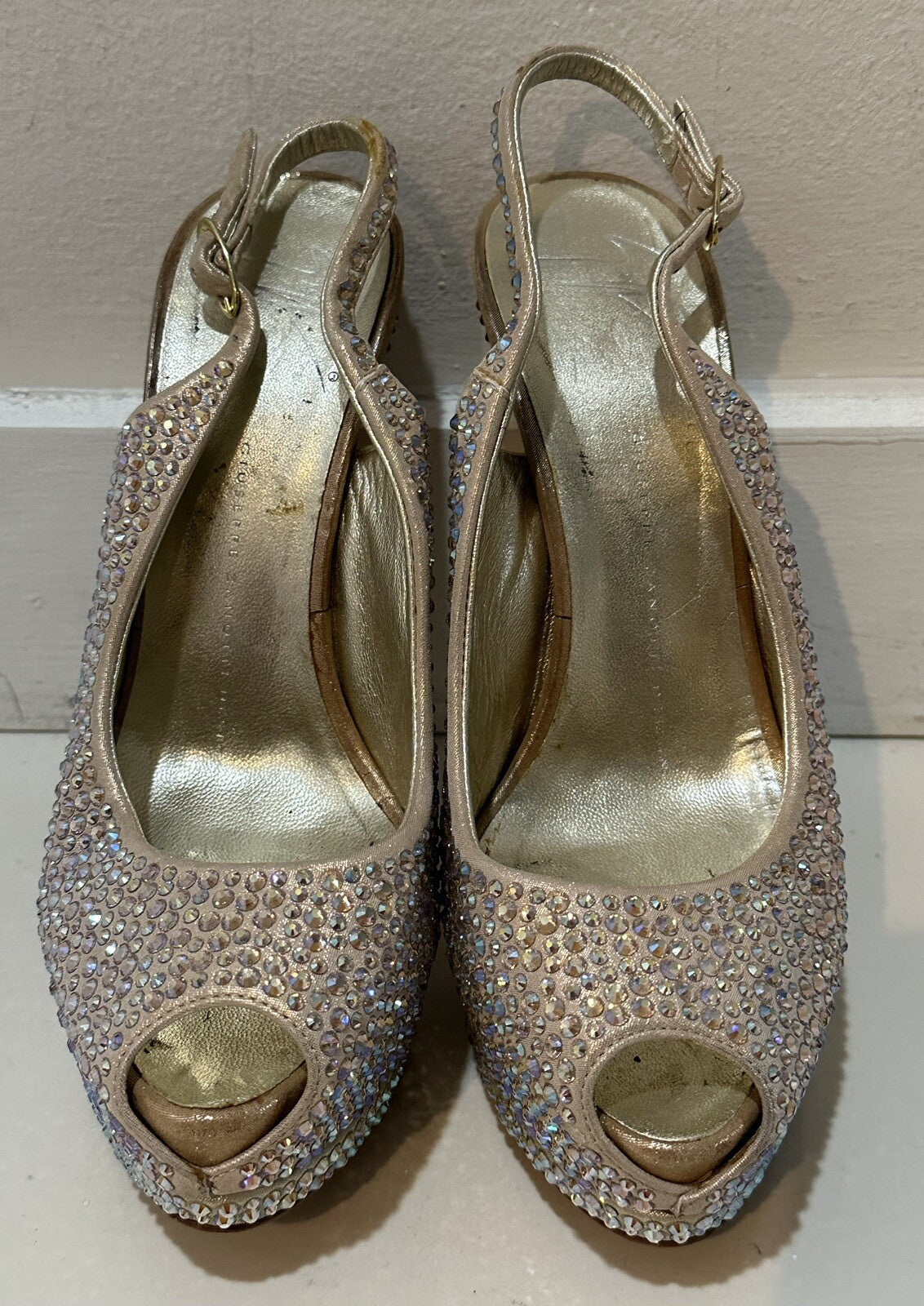 $1495 GIUSEPPE  ZANOTTI BLUSH CRYSTAL PEEP TOE HEELS WITH PLATFORM SZ 36.5 6.5