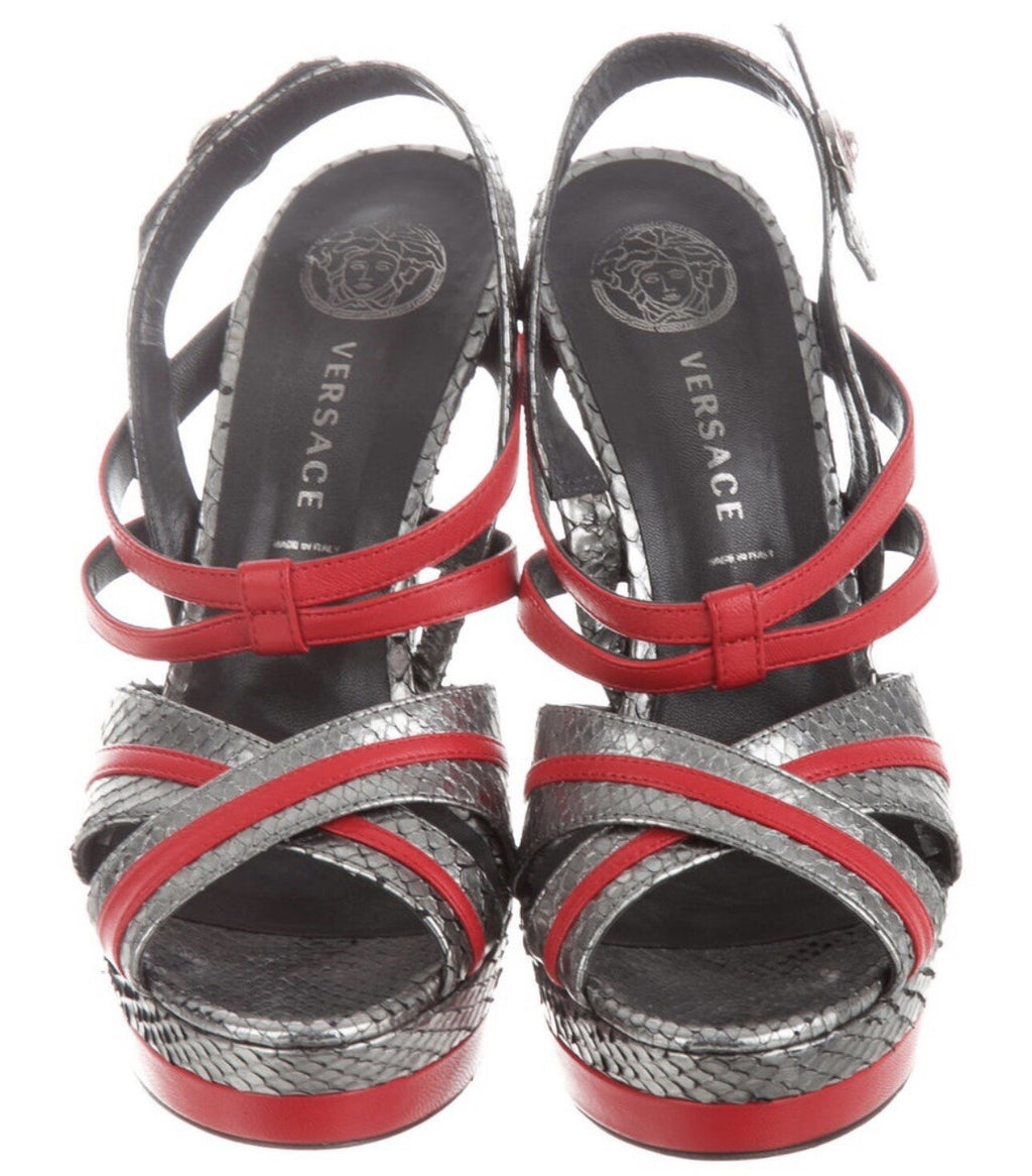 VERSACE PYTHON SNAKESKIN & RED LEATHER SANDALS WITH BOX SZ 8 38