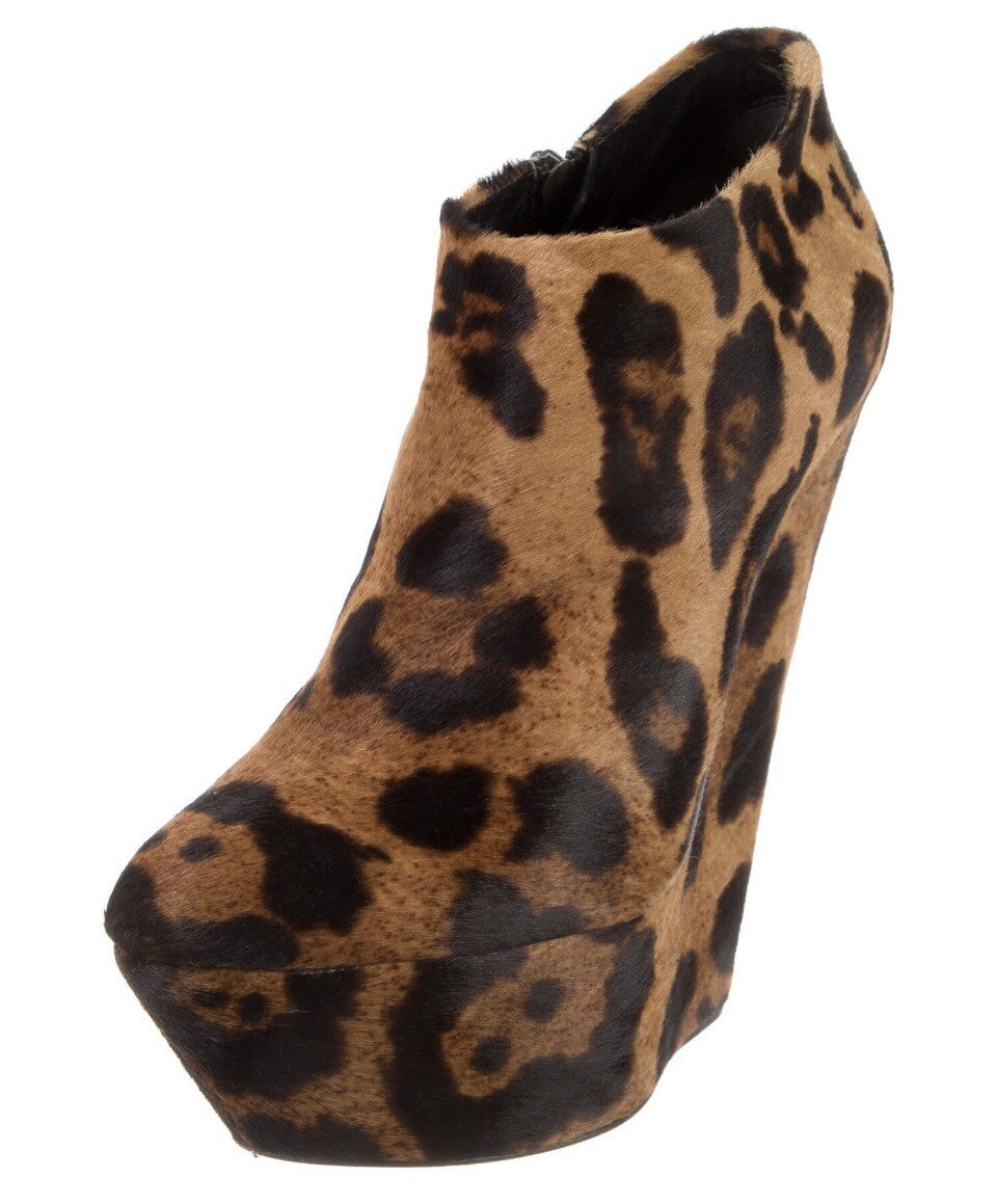 GIUSEPPE ZANOTTI LEOPARD PRINT PLATFORM WEDGE ANKLE BOOTS SZ 8.5 38.5