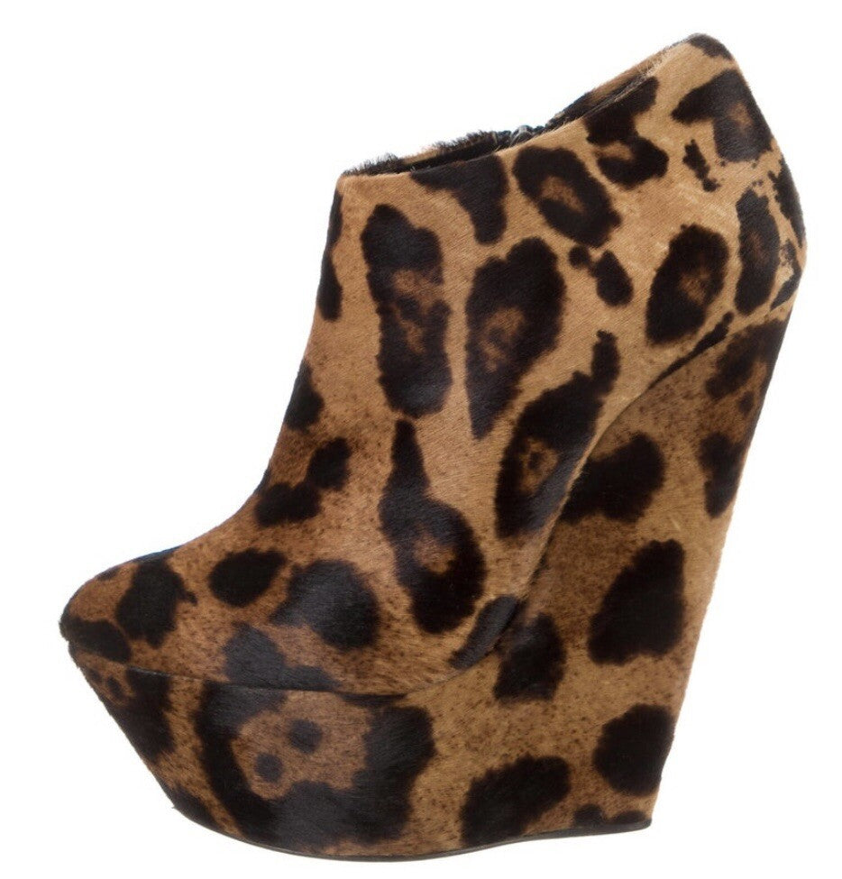 GIUSEPPE ZANOTTI LEOPARD PRINT PLATFORM WEDGE ANKLE BOOTS SZ 8.5 38.5