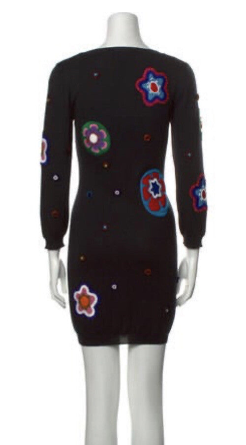 $1150 MOSCHINO COUTURE BLACK WOOL FLOWER APPLIQUE DRESS SZ M US8 IT42