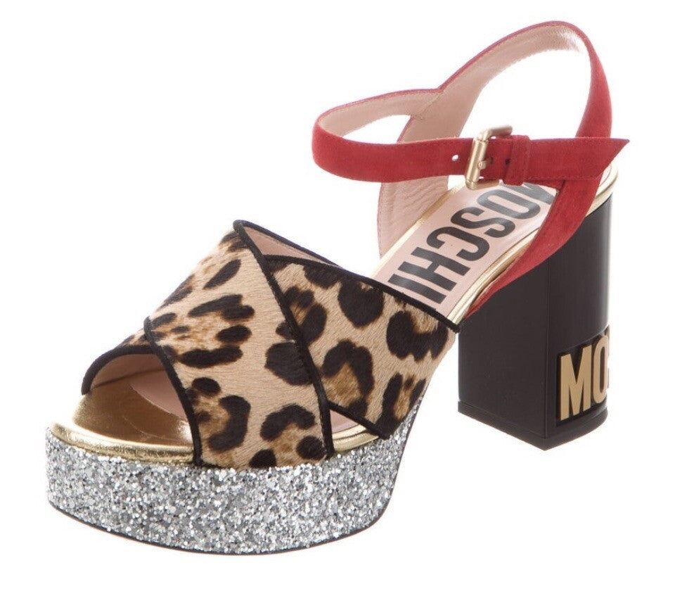$850 MOSCHINO LEOPARD PRINT PONYHAIR GLITTER LOGO SANDALS SZ 6 36