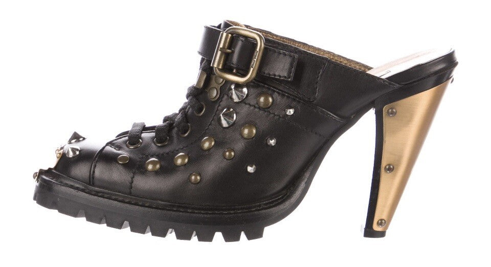 MIU MIU BLACK LEATHER STUDDED MULES SZ 8.5 38.5