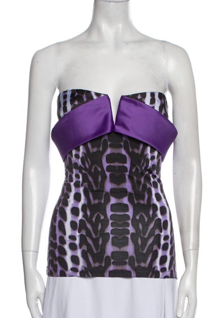 NWT JUST CAVALLI PURPLE ANIMAL PRINT STRAPLESS TOP SZ M US6 IT42