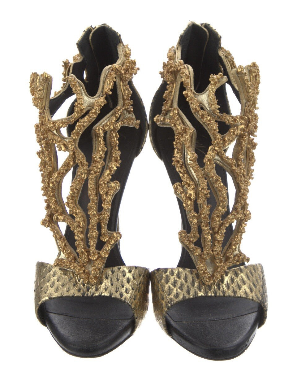 $2195 GIUSEPPE ZANOTTI GOLD PYTHON BEADED CORAL HIGH HEEL SANDALS SZ 6 36