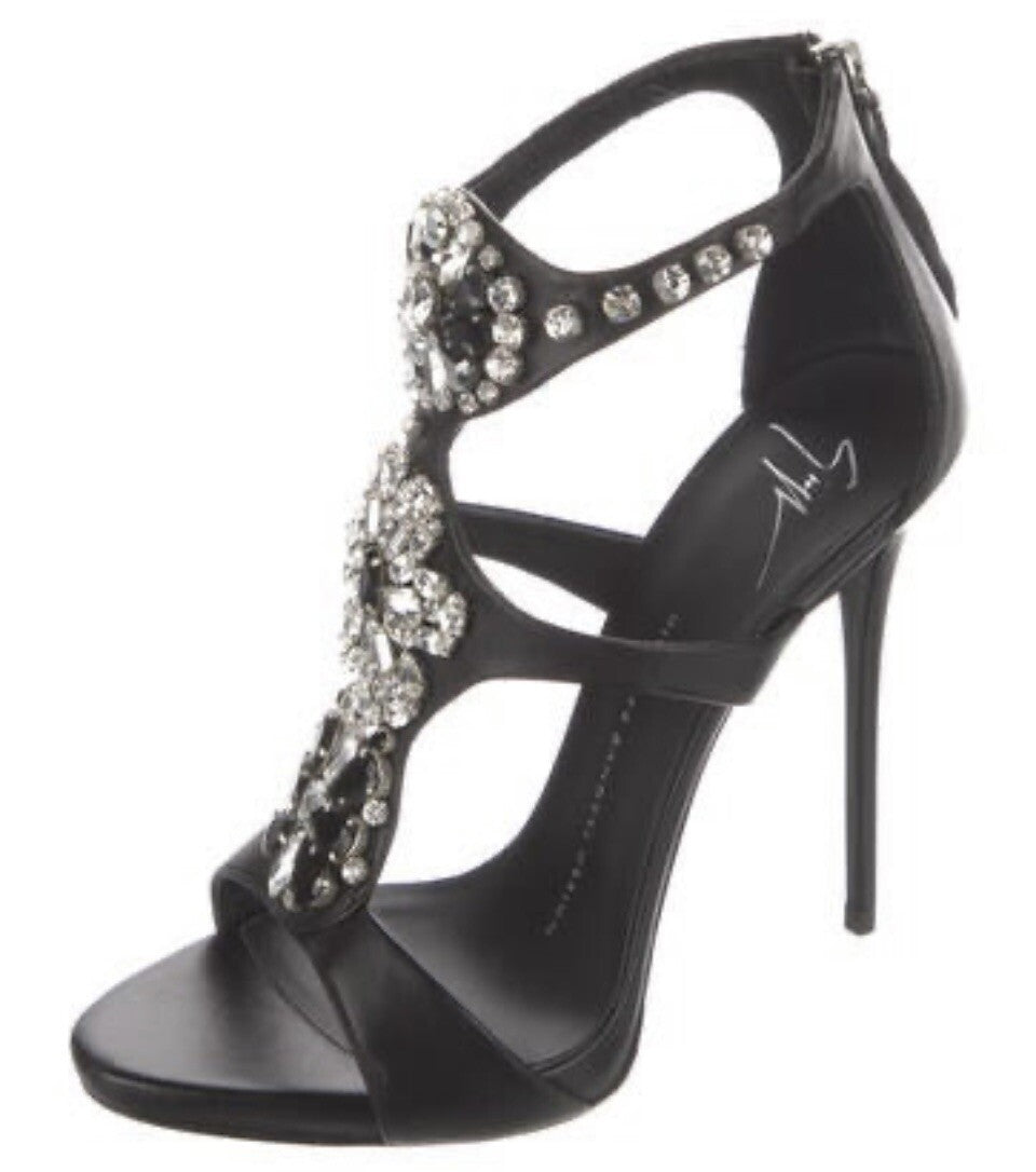 $1850 NIB GIUSEPPE ZANOTTI BLACK LEATHER CRYSTAL EMBELLISHED SANDALS SZ 7.5 37.5