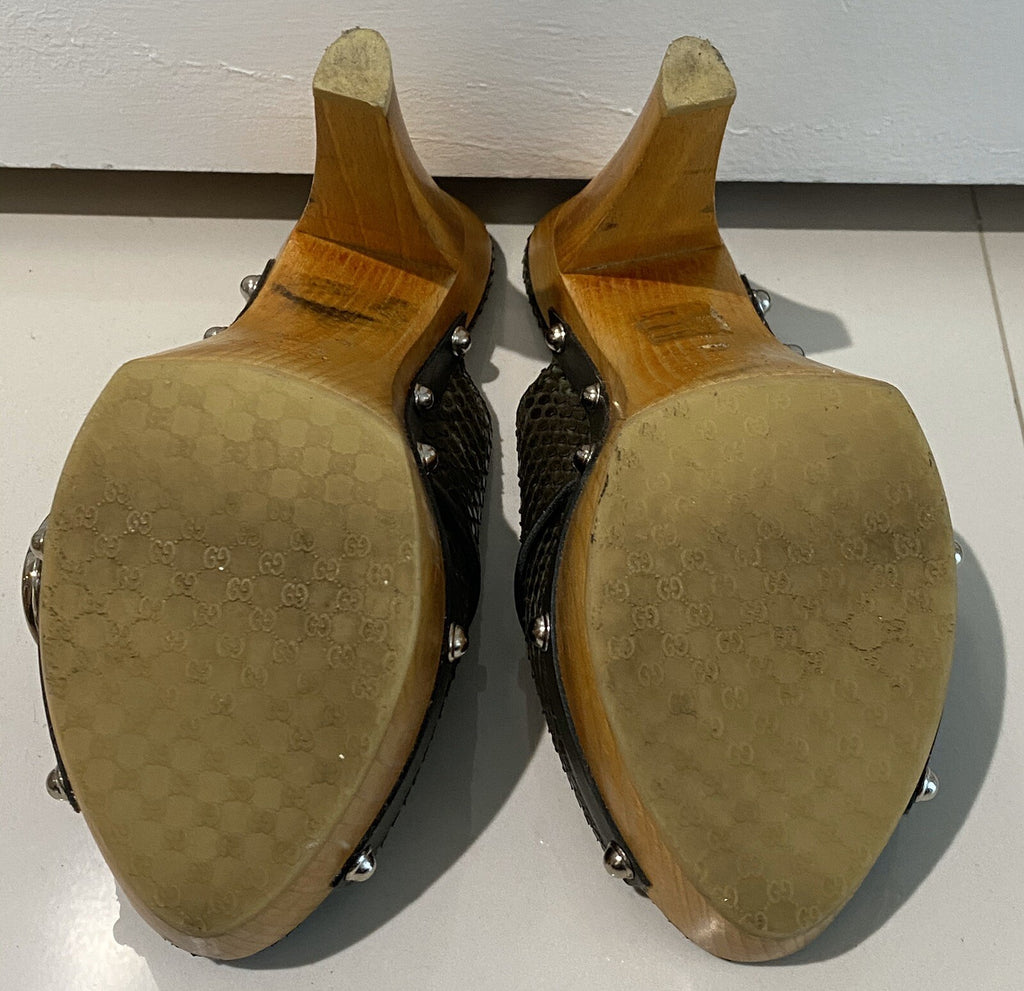 GUCCI GREEN PYTHON SNAKESKIN HORSEBIT WOODEN PLATFORM SANDALS SZ 36  6