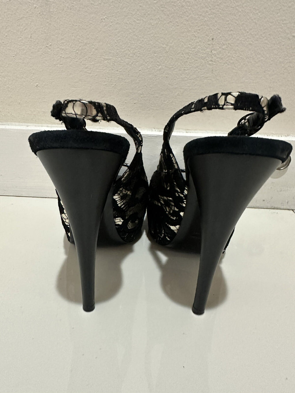 $1295 GIUSEPPE ZANOTTI GOLD & BLACK LACE SLINGBACK HEELS S 38 8 US