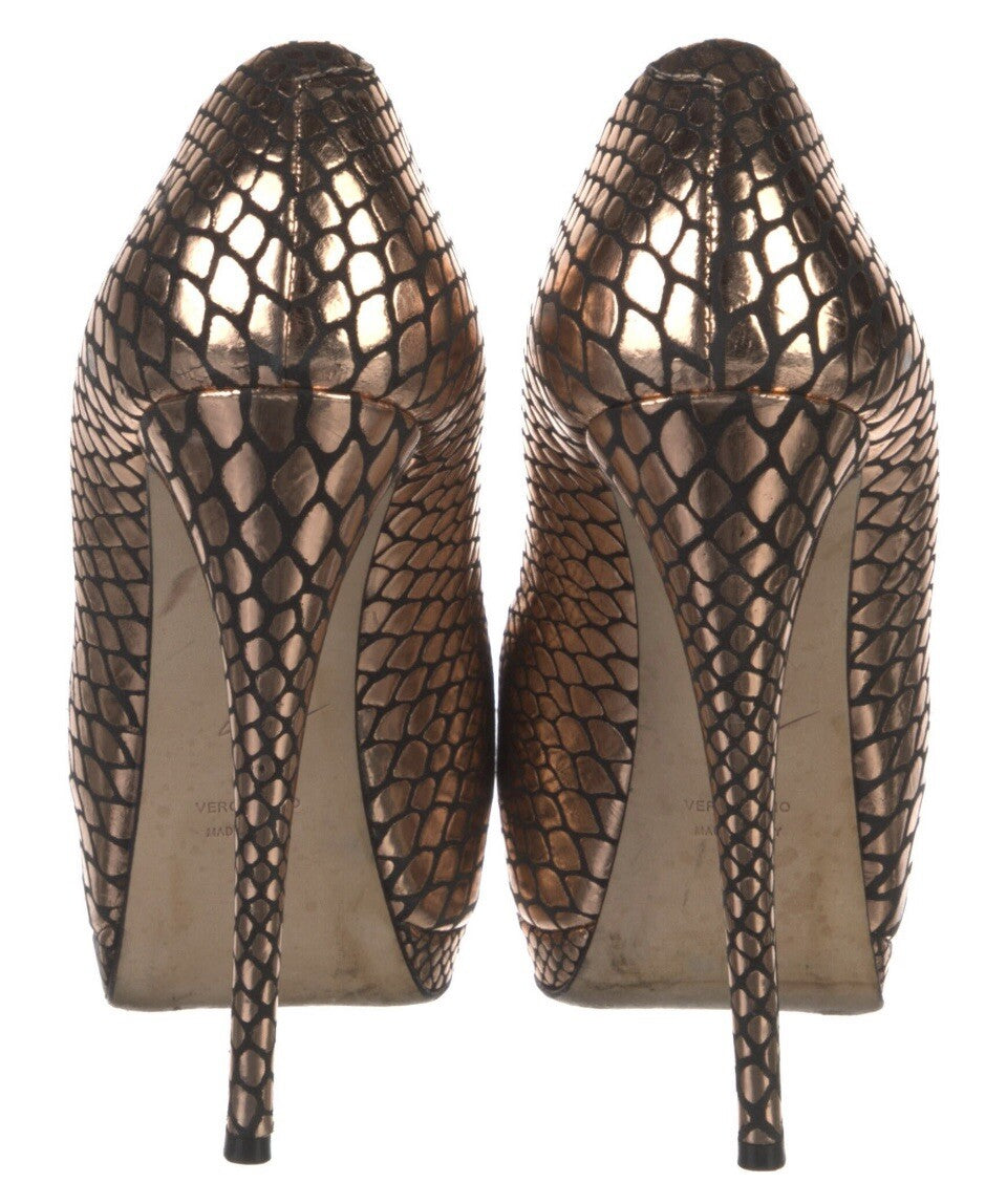$995 GIUSEPPE ZANOTTI METALLIC LEATHER SNAKESKIN PRINT PEEP TOE  HEELS SZ 8 38