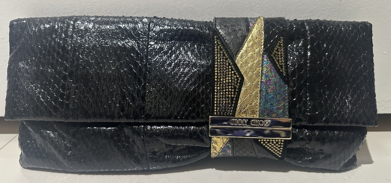 $2200 JIMMY CHOO CLUTCH PYTHON SNAKESKIN/ SWAROVSKI CRYSTAL