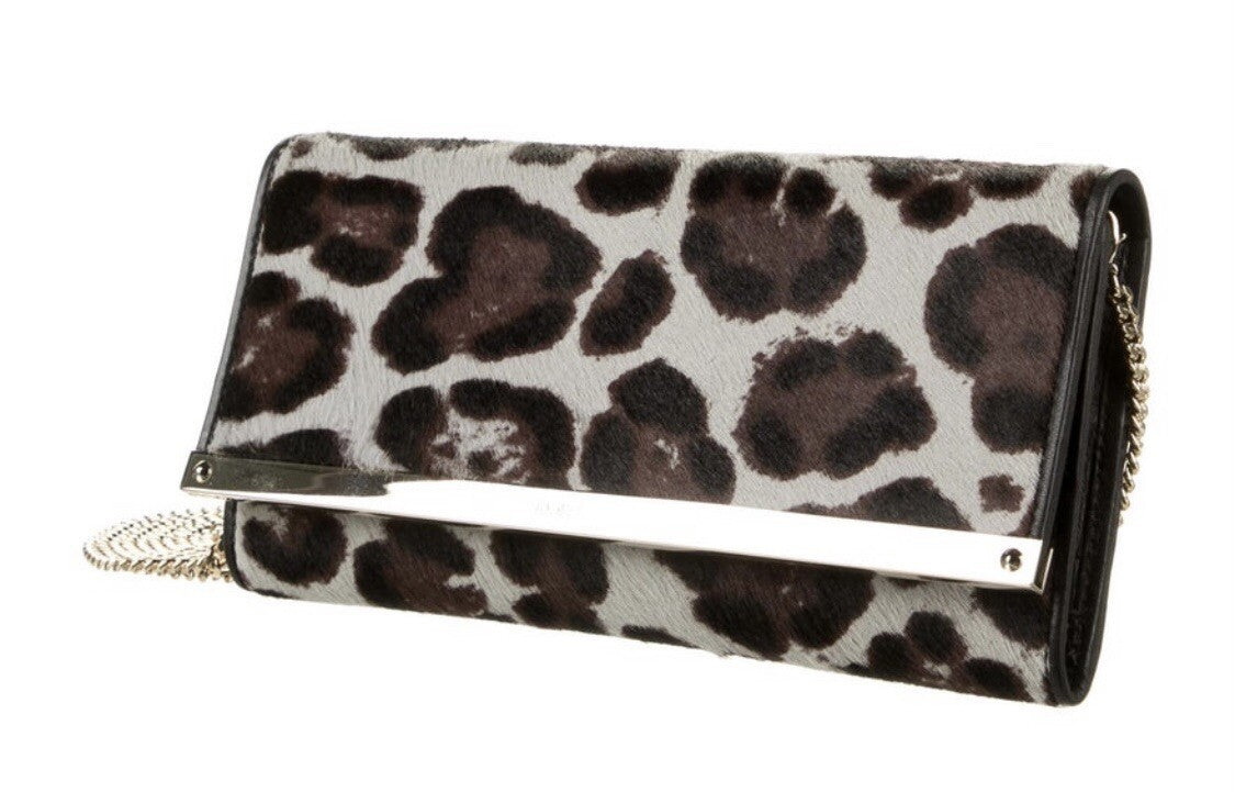 JIMMY CHOO LEOPARD PRINT PONYHAIR CLUTCH W/ CHAIN