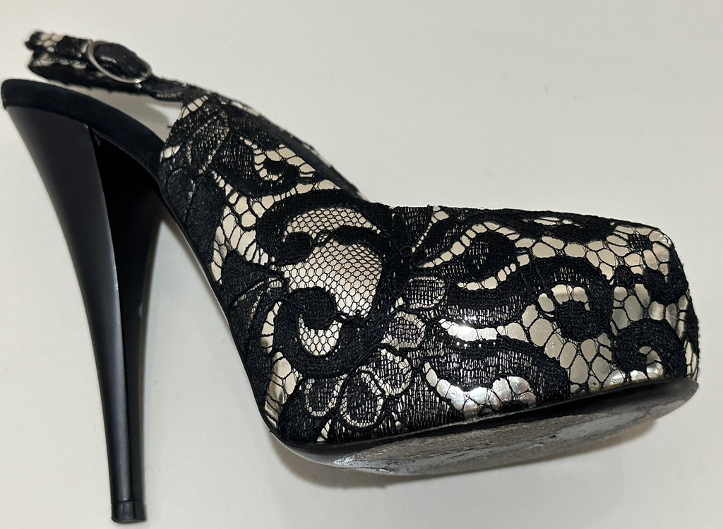 $1295 GIUSEPPE ZANOTTI GOLD & BLACK LACE SLINGBACK HEELS S 38 8 US