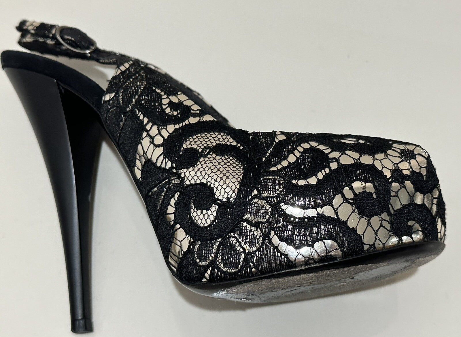 $1295 GIUSEPPE ZANOTTI GOLD & BLACK LACE SLINGBACK HEELS S 38 8 US