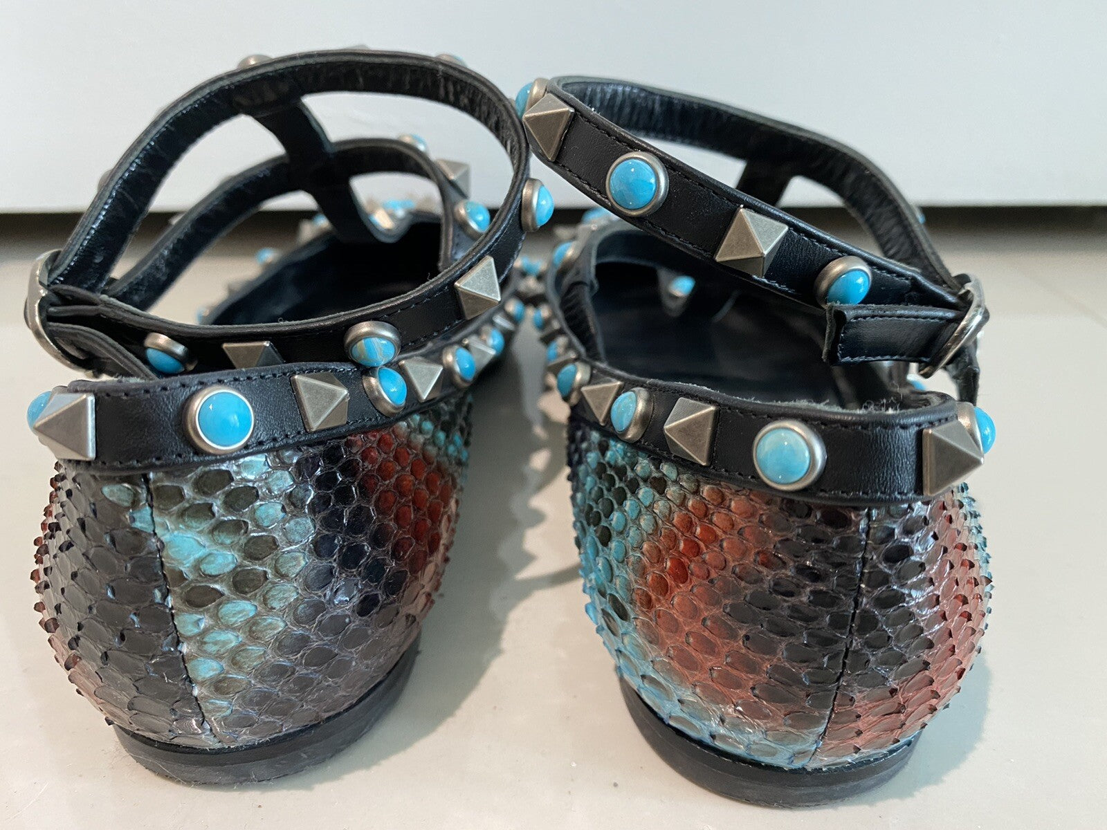 VALENTINO PYTHON SNAKESKIN & TURQUOISE ROCKSTUD BULLET FLATS SZ 6 36