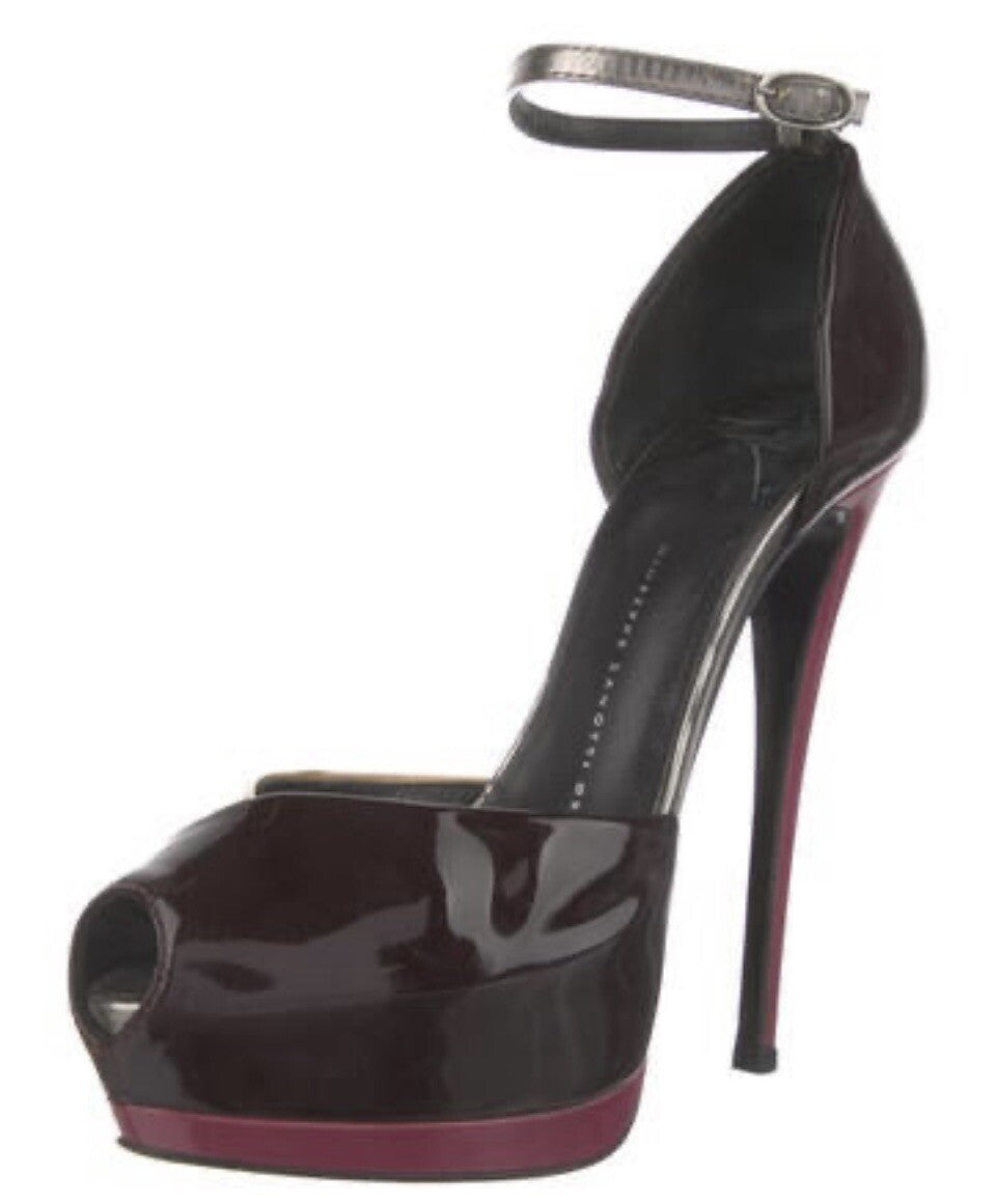 $995 GIUSEPPE ZANOTTI BURGUNDY PATENT LEATHER PEEP TOE HEELS SZ 6.5 36.5