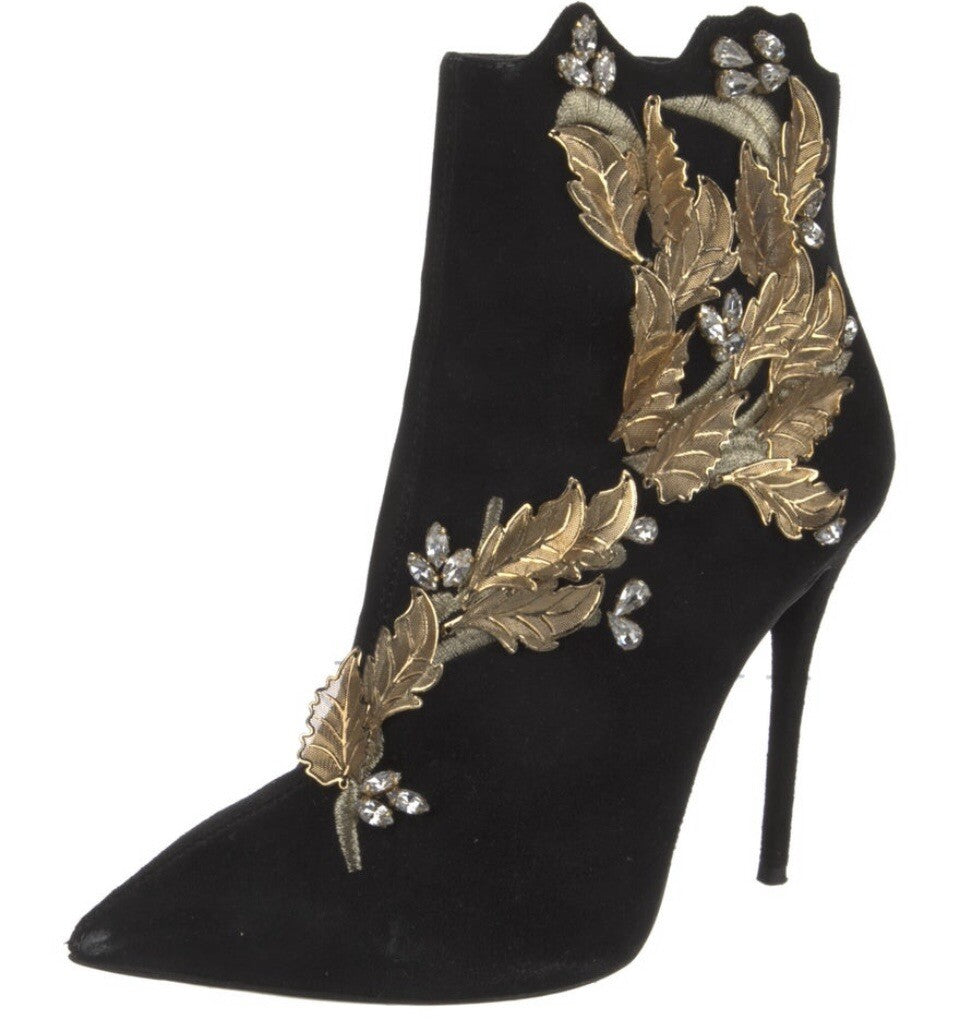 $1495 GIUSEPPE ZANOTTI BOOTS SUEDE ANKLE W/ LEAF & CRYSTAL SZ 5 35