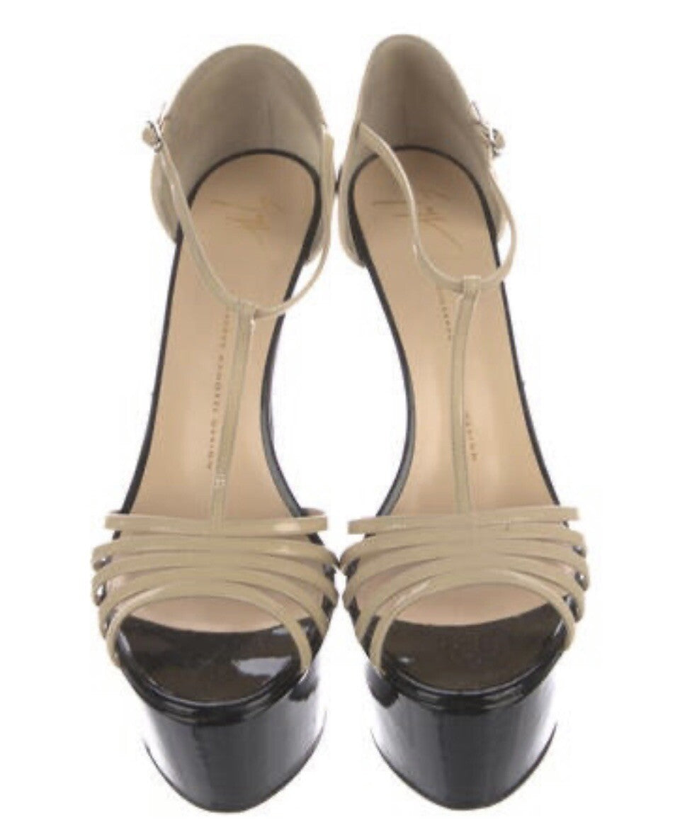 $995 GIUSEPPE ZANOTTI NEUTRAL PATTENT LEATHER STRAPPY PLATFORM HEELS SZ 12 42
