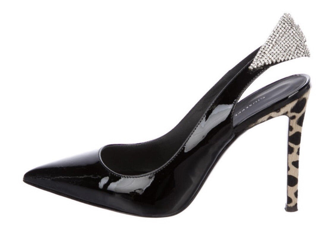 $1195 GIUSEPPE ZANOTTI BLACK PATENT LEATHER SWAROVSKI CRYSTAL PUMPS SZ 7 37