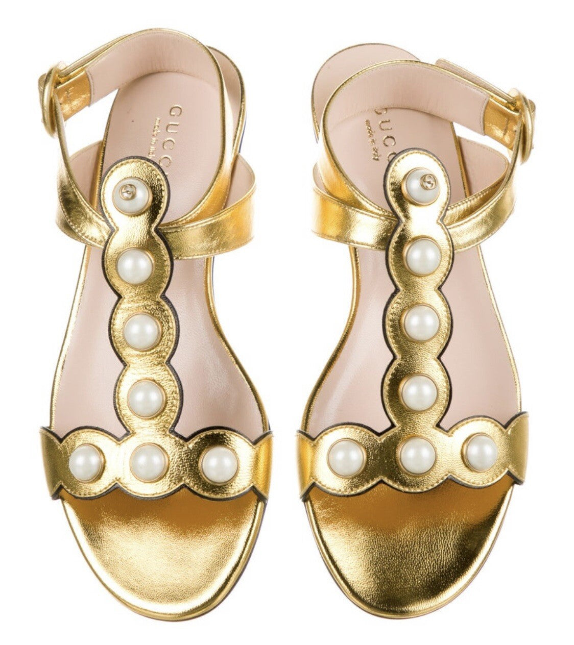 $995 NEW GUCCI METALLIC GOLD LEATHER FAUX PEARL GG LOGO SANDALS SZ 5.5 35.5
