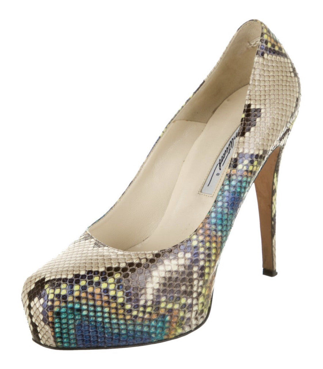 BRIAN ATWOOD MULTICOLOR PYTHON SNAKESKIN HEELS SZ 8.5 38.5